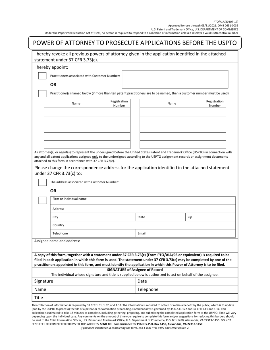 Form PTO / AIA / 80 Power of Attorney to Prosecute Applications Before the Uspto, Page 1