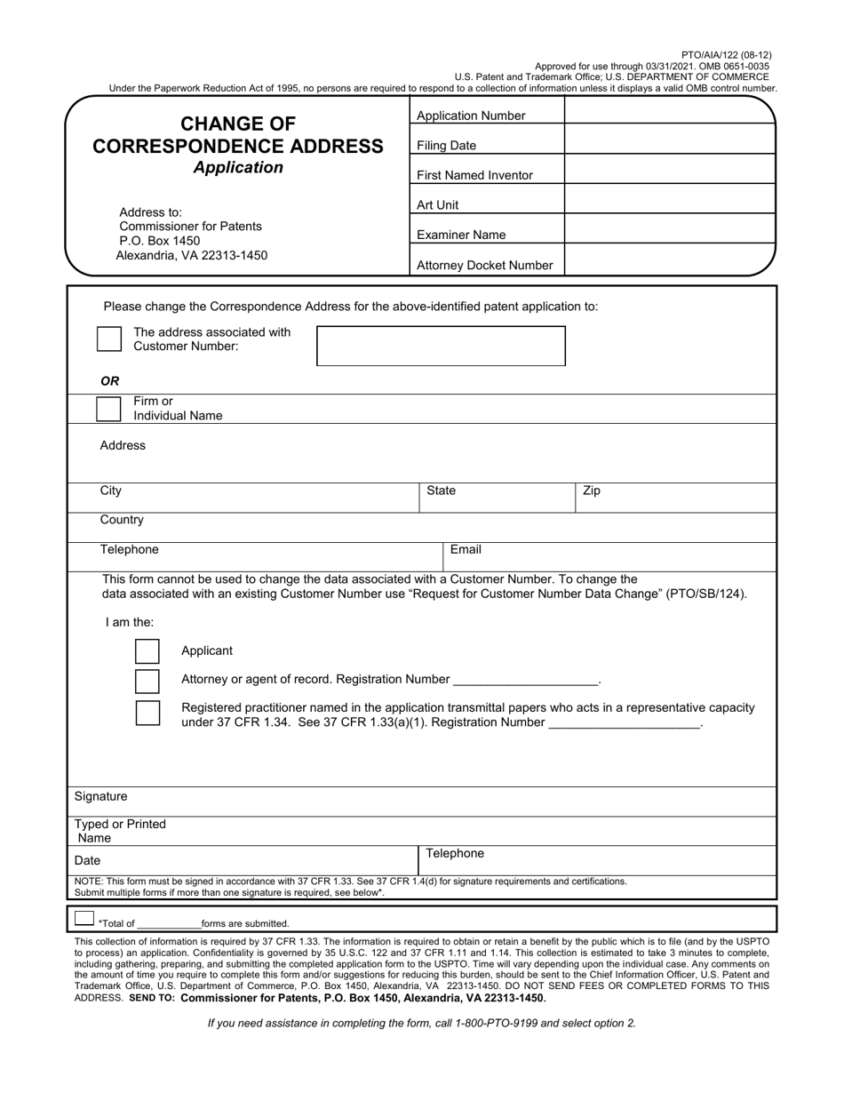 Form PTO / AIA / 122 Change of Correspondence Address Application, Page 1