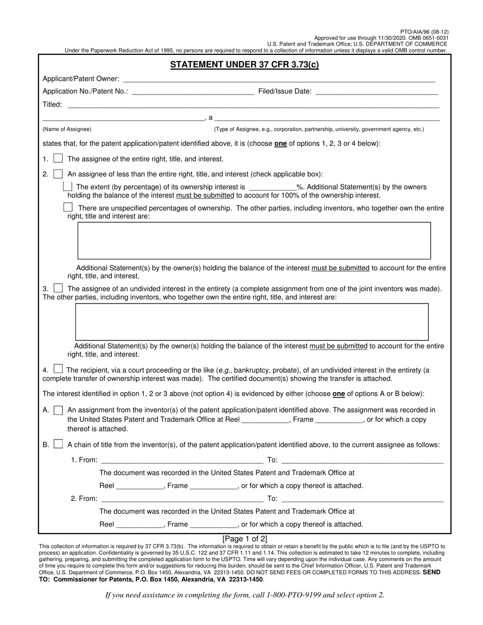Form PTO / AIA / 96 Statement Under 37 Cfr 3.73(C), Page 1