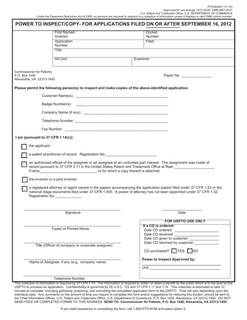 Form PTO/AIA/67 Power to Inspect/Copy - for Applications Filed on or After September 16, 2012