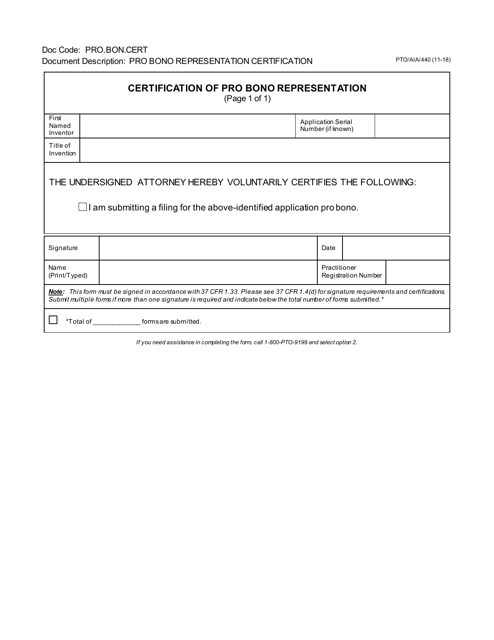 Form PTO/AIA/440 Certification of Pro Bono Representation