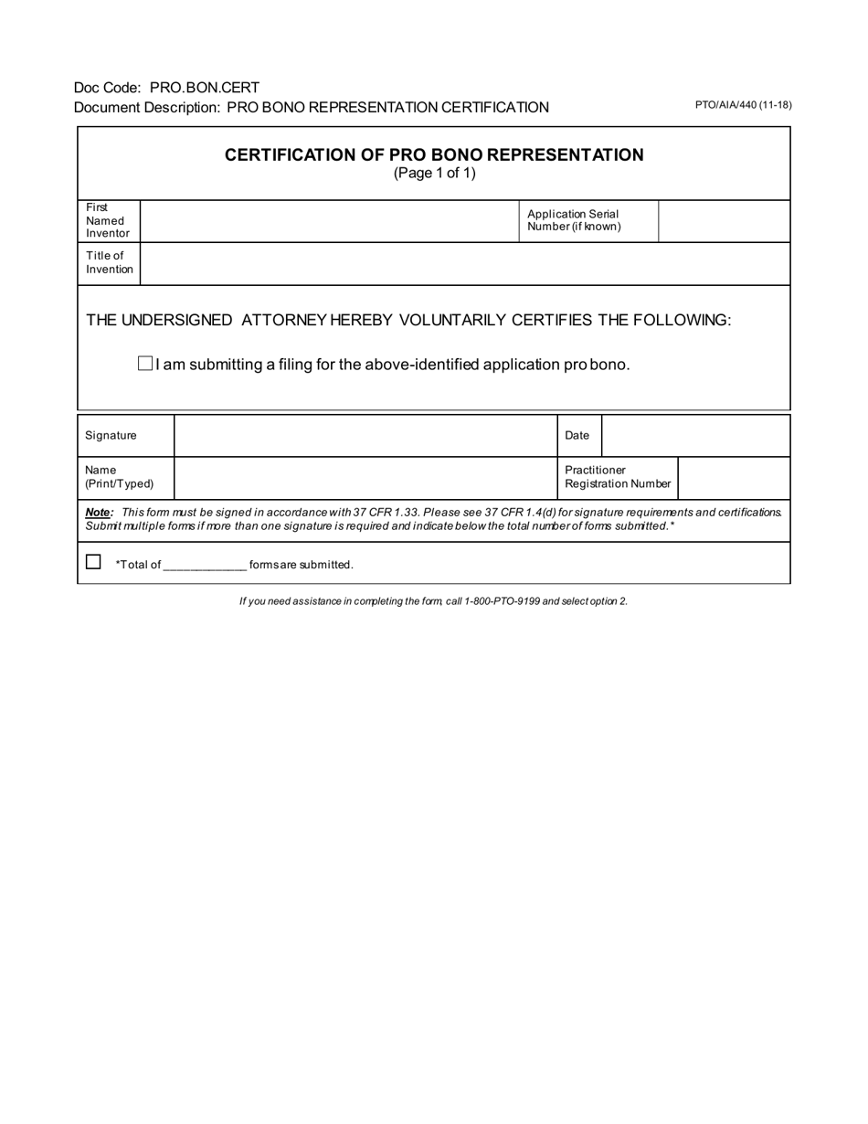 Form PTO / AIA / 440 Certification of Pro Bono Representation, Page 1