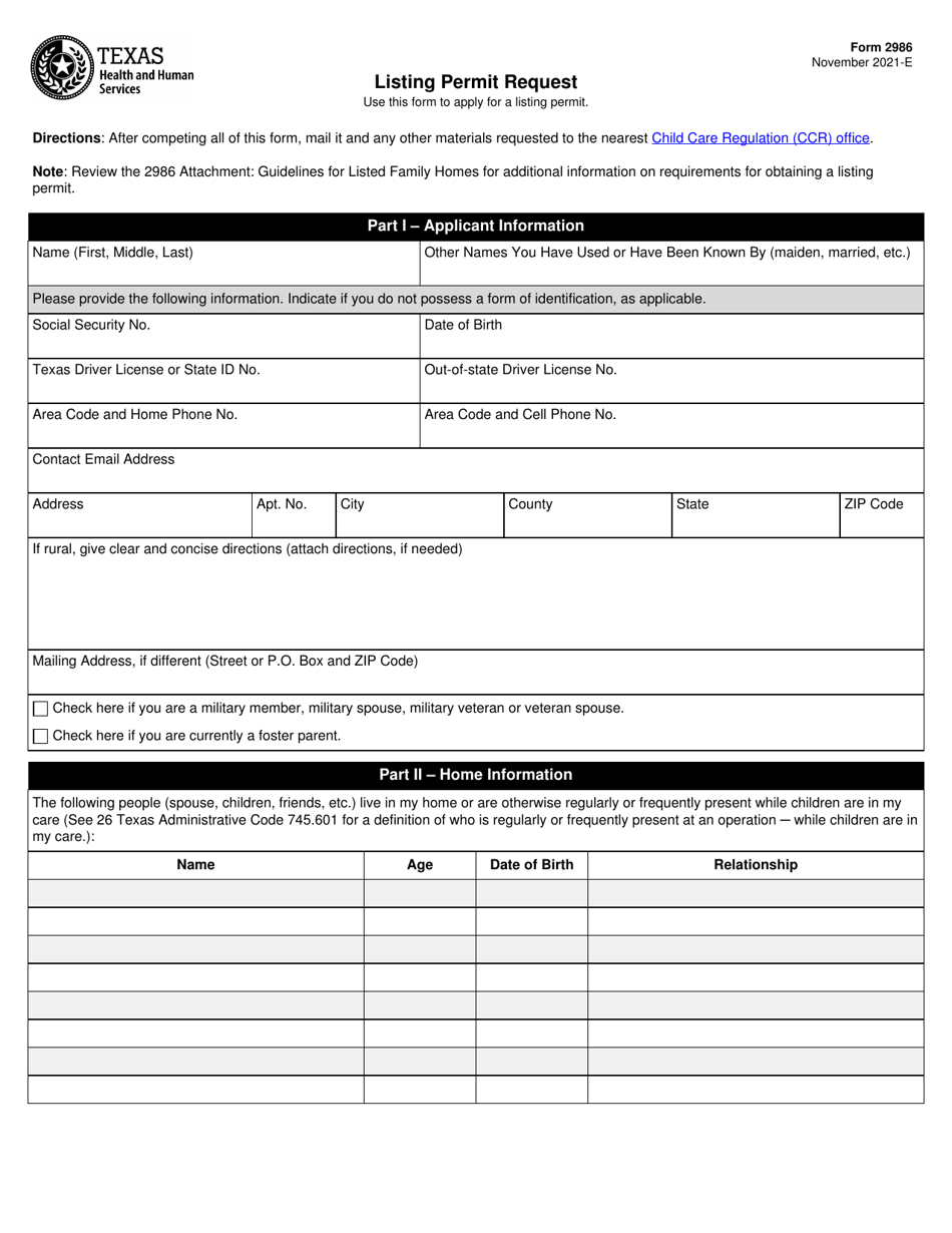 Form 2986 Listing Permit Request - Texas, Page 1