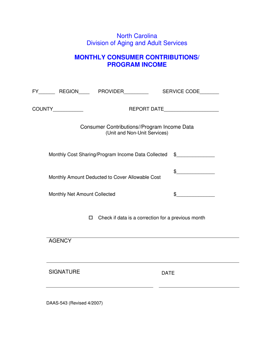Form DAAS-543 Monthly Consumer Contributions/Program Income - North Carolina, Page 1