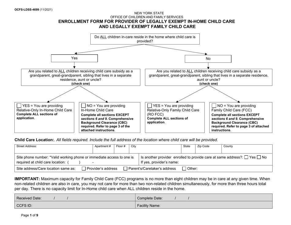 Form OCFS-LDSS-4699 Enrollment Form for Provider of Legally Exempt in-Home Child Care and Legally Exempt Family Child Care - New York, Page 1