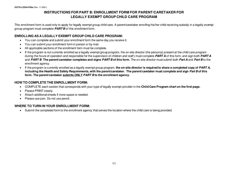 Instructions for Form OCFS-LDSS-4700 Part A Enrollment Form for Legally Exempt Group Child Care Program - New York, Page 11