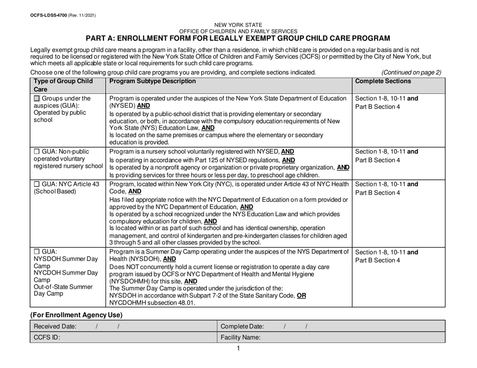 Form OCFS-LDSS-4700 Part A Enrollment Form for Legally Exempt Group Child Care Program - New York, Page 1