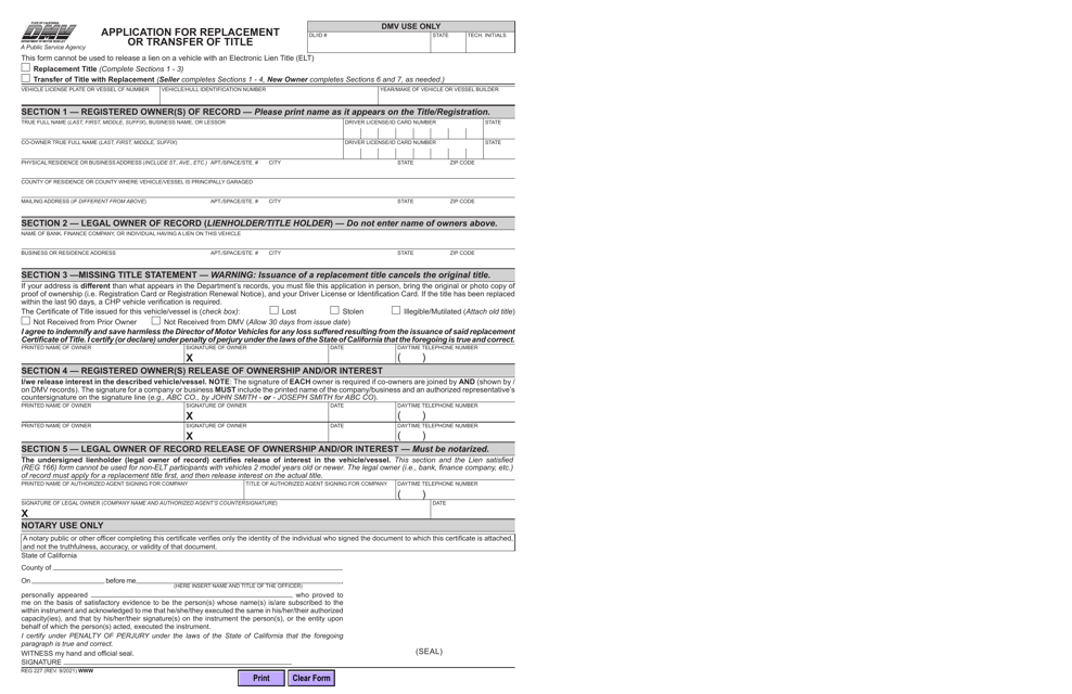 Form REG227 Application for Replacement or Transfer of Title - California