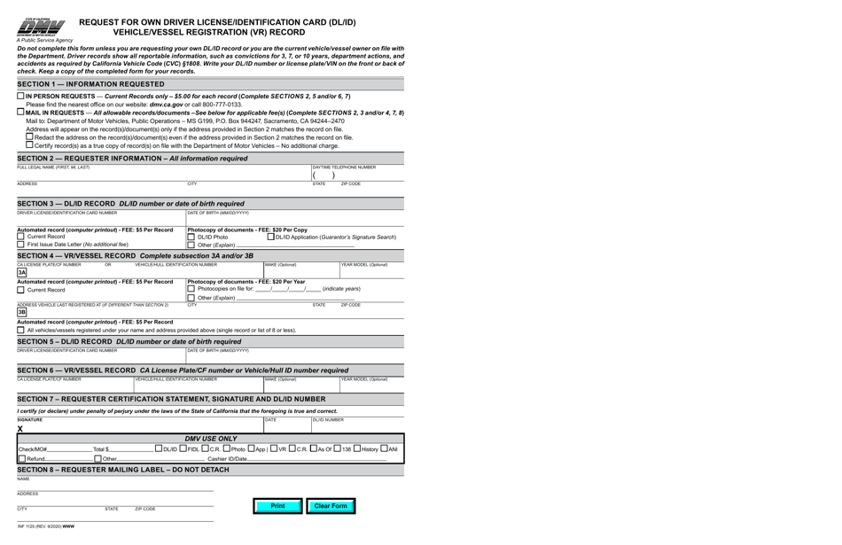 Form INF1125 Request for Own Driver License/Identification Card (Dl/Id) Vehicle/Vessel Registration (Vr) Record - California, Page 1