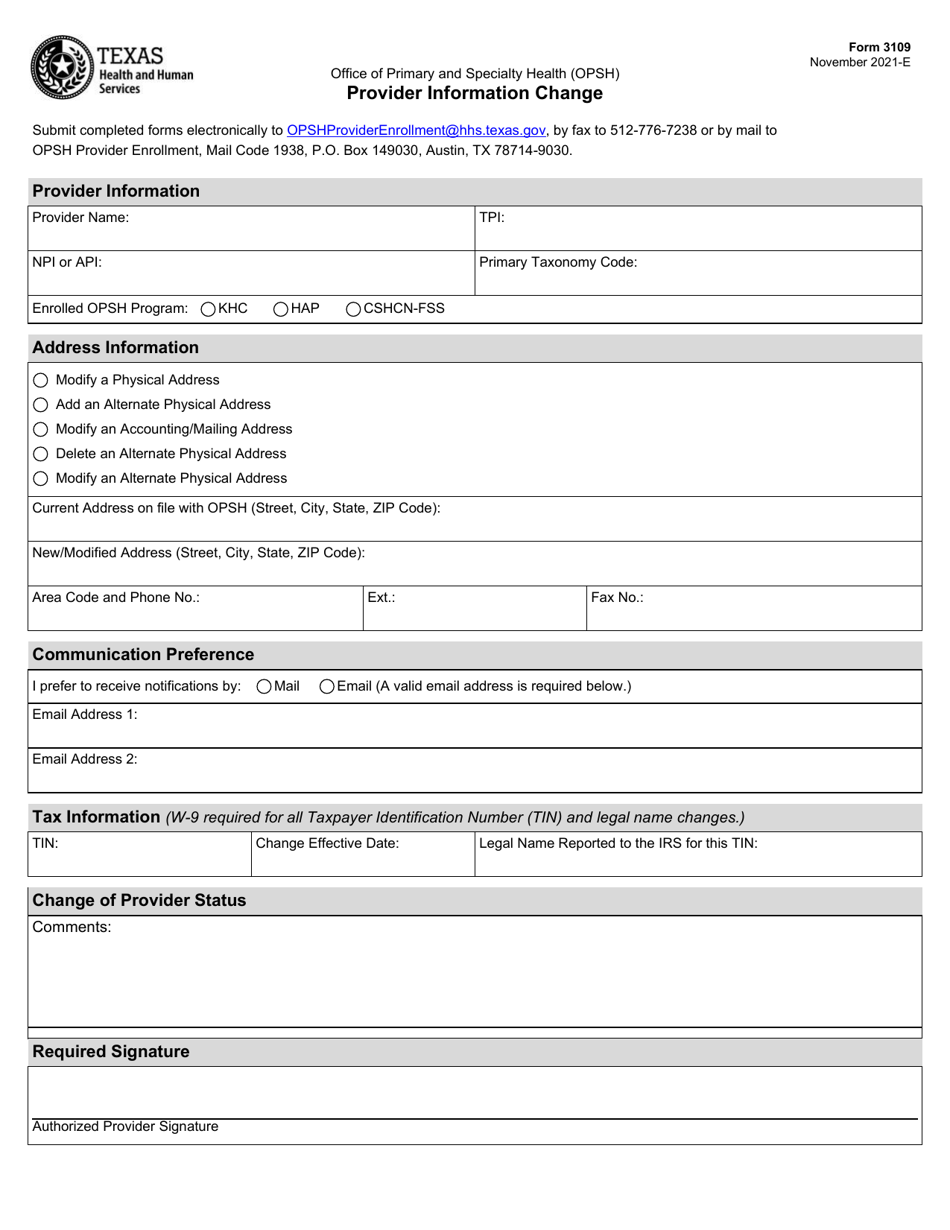 Form 3109 Provider Information Change - Texas, Page 1
