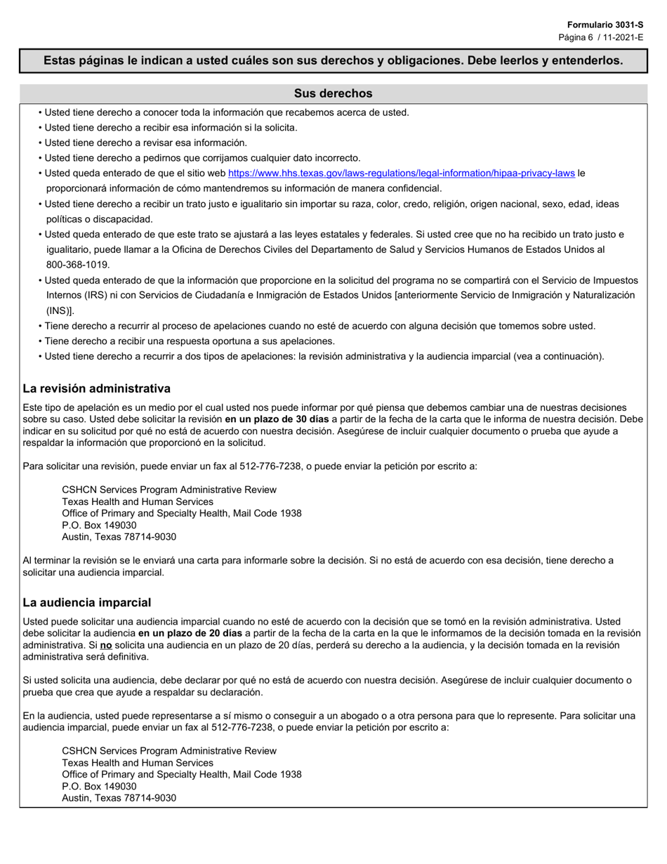 Formulario 3031-S Solicitud De Beneficios Del Programa Para Ninos Con Necesidades Medicas Especiales (Cshcn) - Texas (Spanish), Page 6