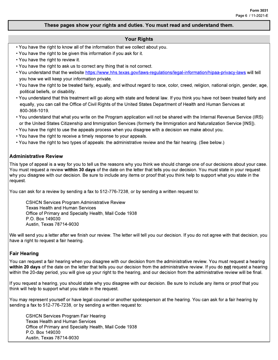 Form 3031 Children With Special Health Care Needs (Cshcn) Program Application - Texas, Page 6