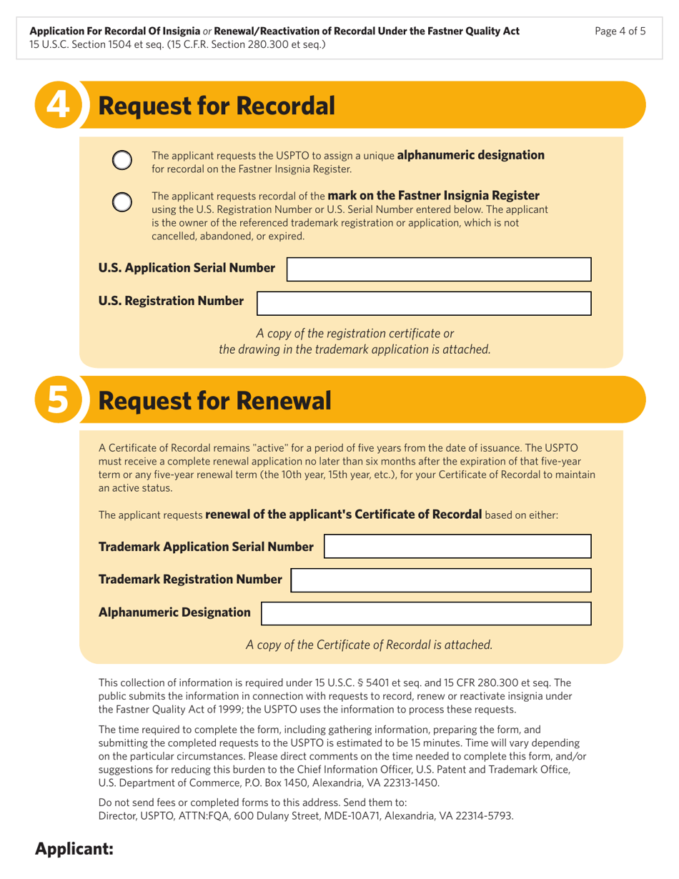 Form 1611 Application for Recordal of Insignia or Renewal / Reactivation of Recordal Under the Fastener Quality Act, Page 4