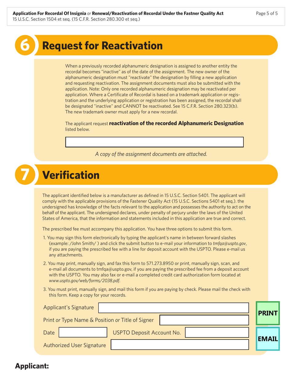 Form 1611 Application for Recordal of Insignia or Renewal / Reactivation of Recordal Under the Fastener Quality Act, Page 5