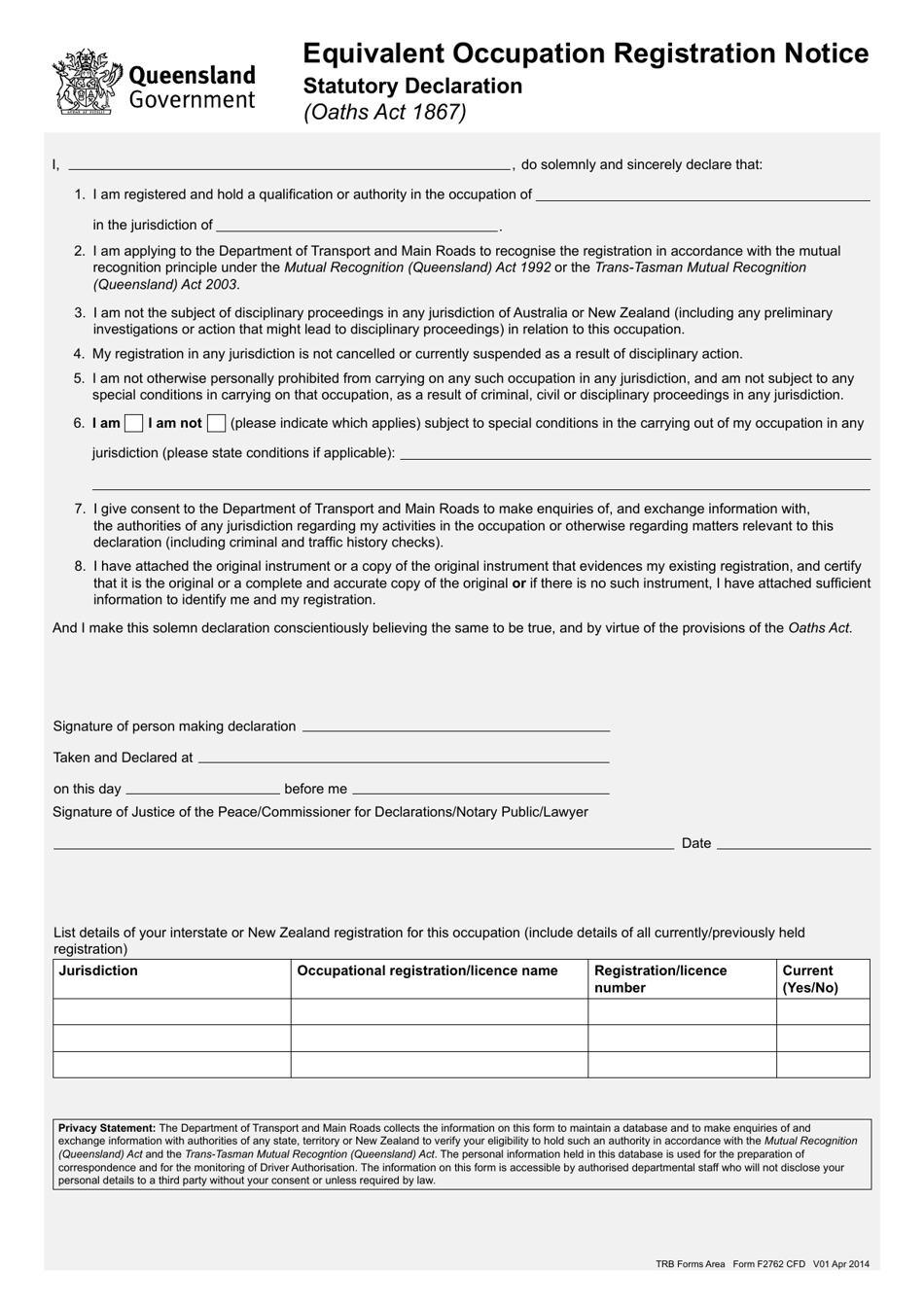 Form F2762 Equivalent Occupation Registration Notice - Queensland, Australia, Page 1