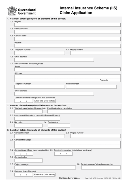 Form M3795 Internal Insurance Scheme (Iis) Claim Application - Queensland, Australia