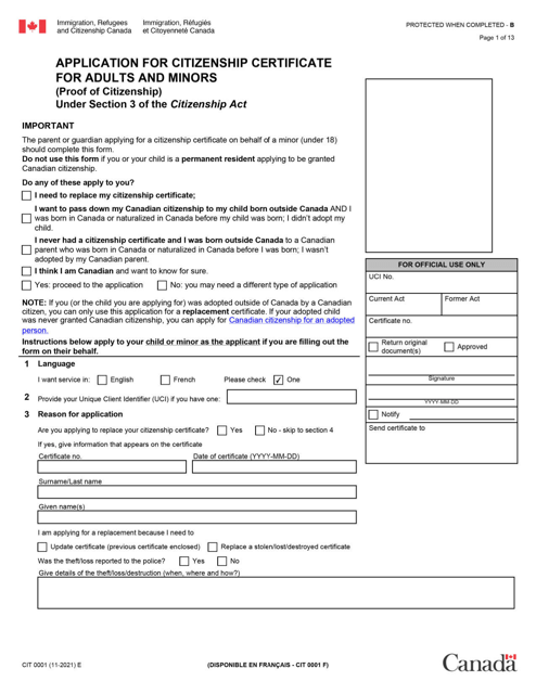 Form CIT0001  Printable Pdf
