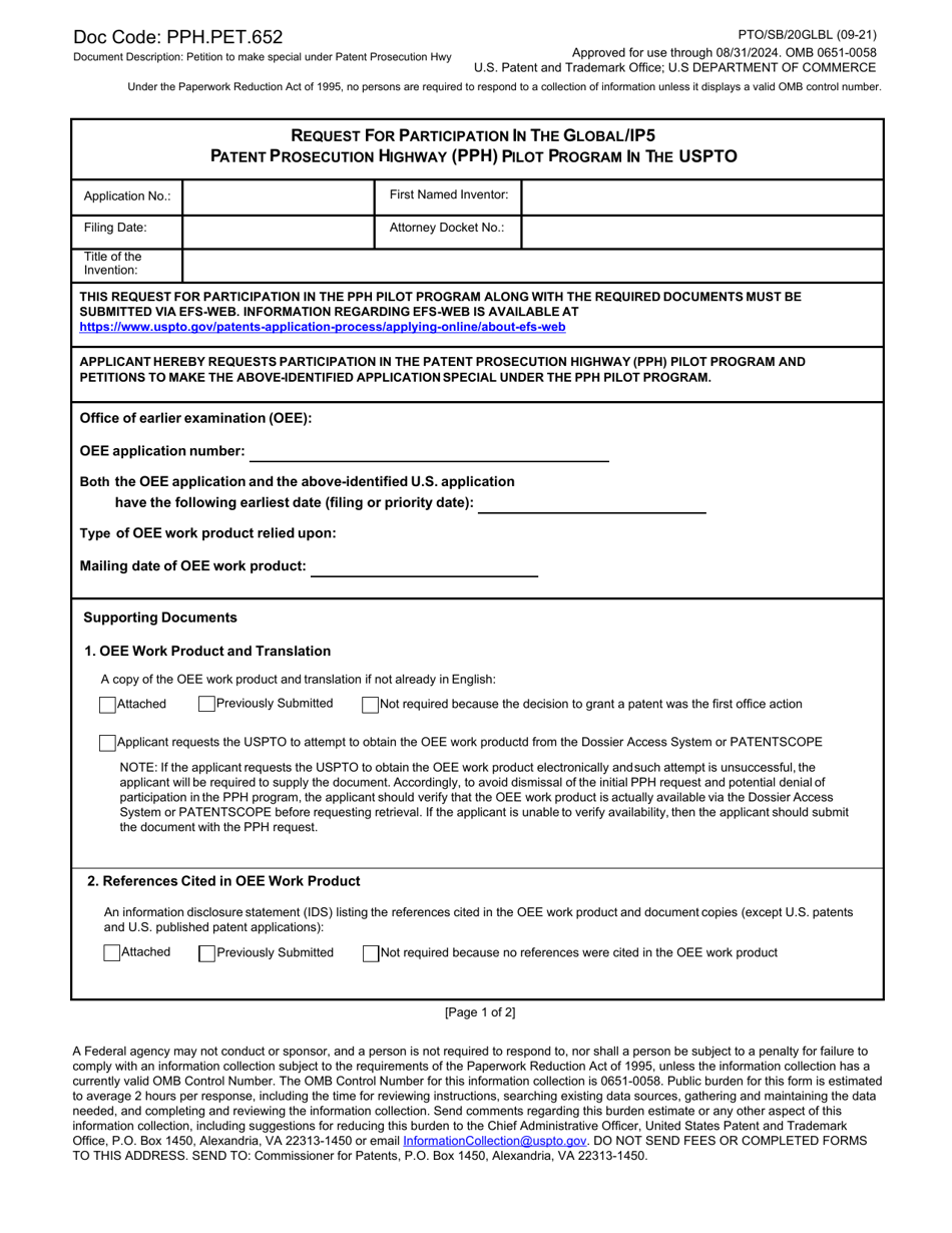 Form PTO / SB / 20GLBL Request for Participation in the Global / Ip5 Patent Prosecution Highway (Pph) Pilot Program in the Uspto, Page 1