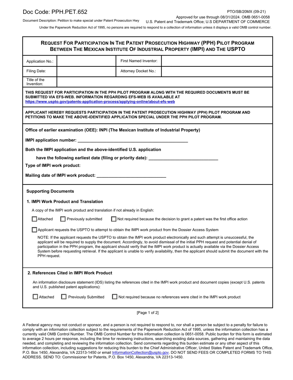Form PTO / SB / 20MX Request for Participation in the Patent Prosecution Highway (Pph) Pilot Program Between the Mexican Institute of Industrial Property (Impi) and the Uspto, Page 1