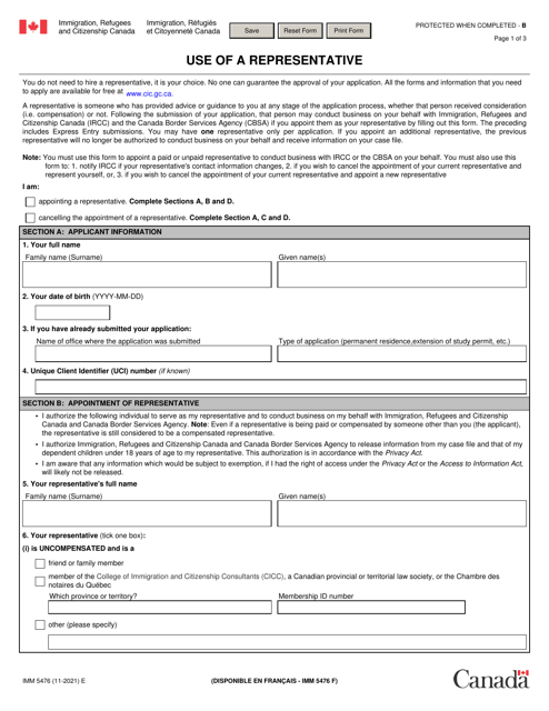 Form IMM5476 Use of a Representative - Canada