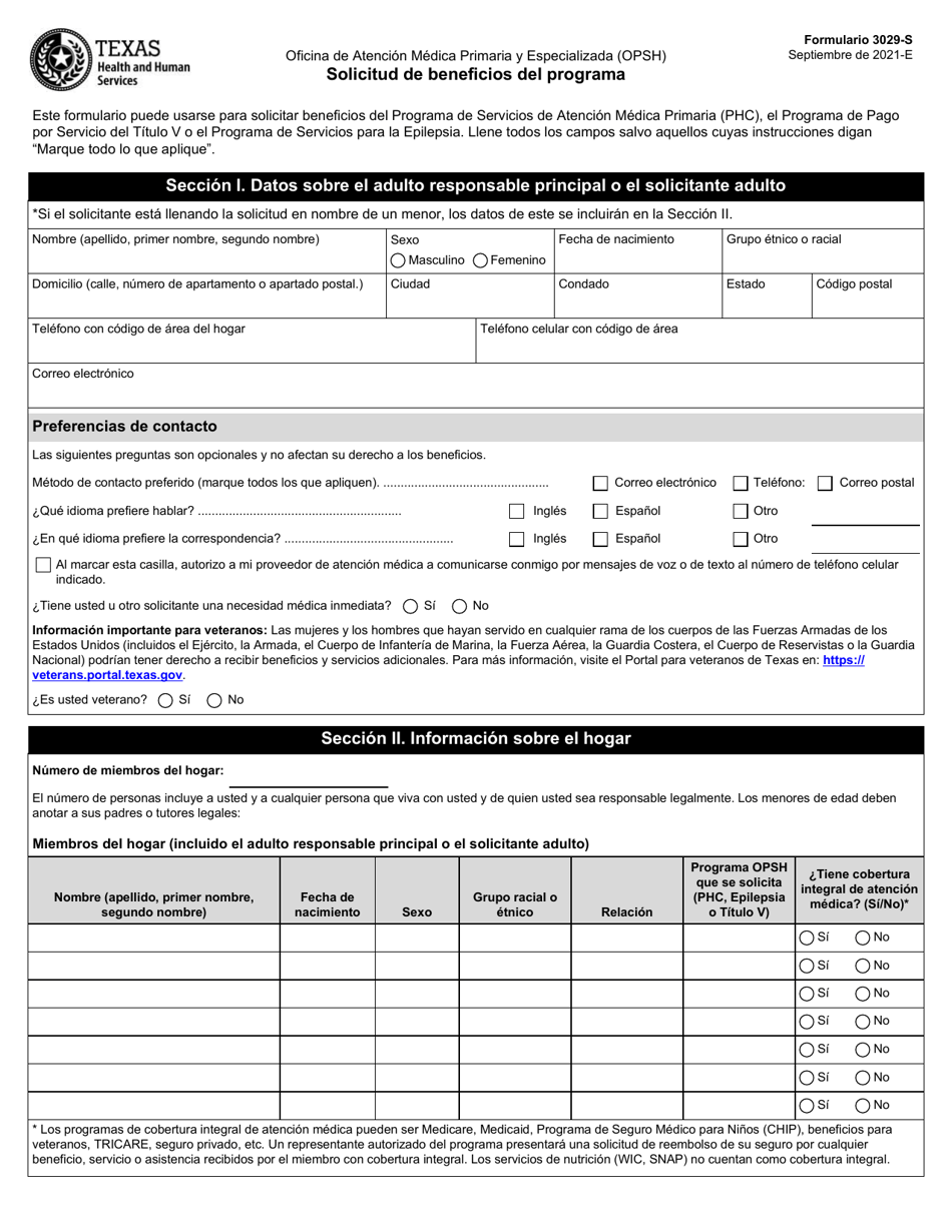 Formulario 3029-S Solicitud De Beneficios Del Programa - Texas (Spanish), Page 1