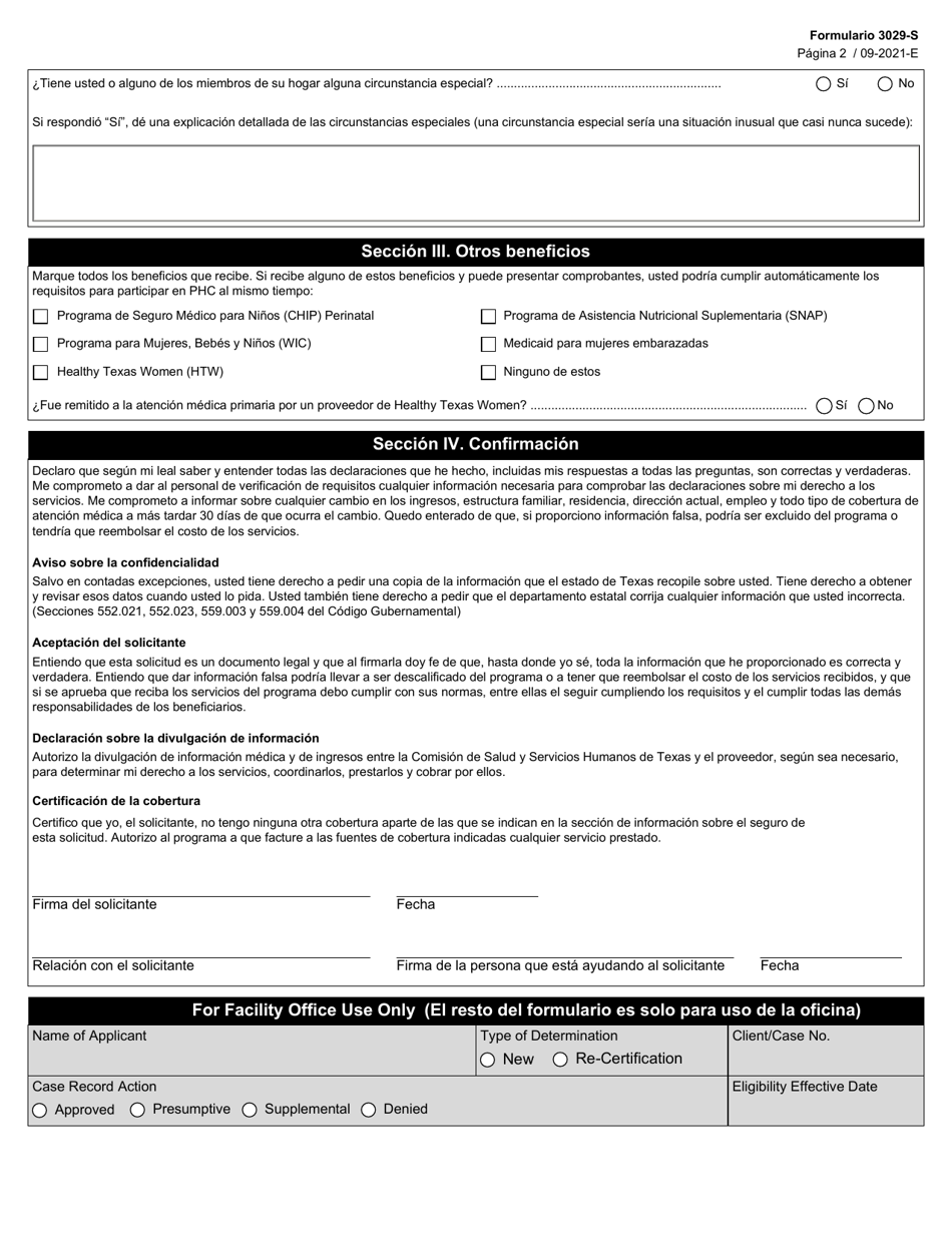 Formulario 3029-S Solicitud De Beneficios Del Programa - Texas (Spanish), Page 2