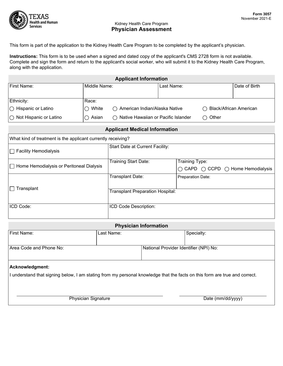 Form 3057 Physician Assessment - Kidney Health Care Program - Texas, Page 1