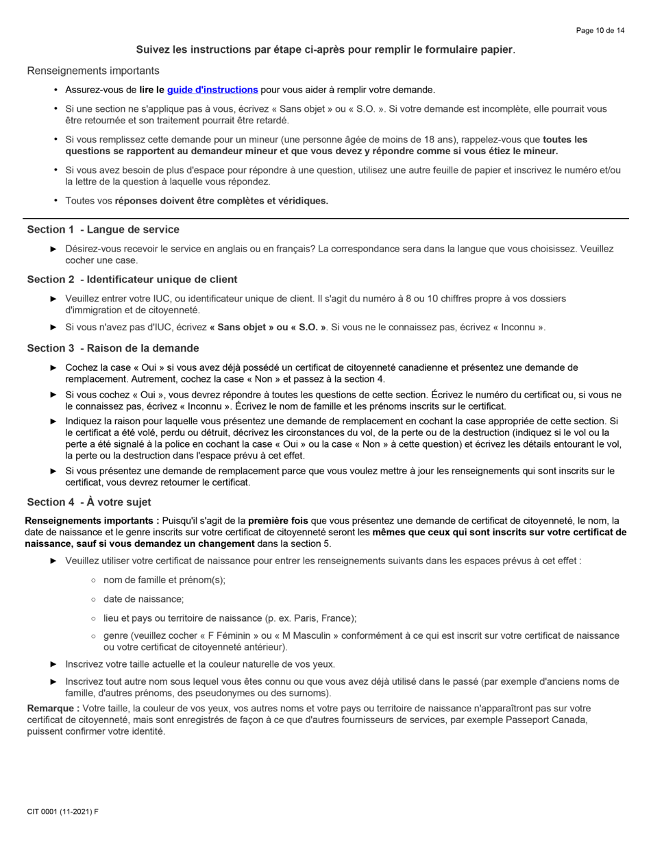 Forme CIT0001 Demande De Certificat De Citoyennete Pour Adultes Et Mineurs (Preuve De Citoyennete) En Vertu De Larticle 3 De La Loi Sur La Citoyennete - Canada (French), Page 10