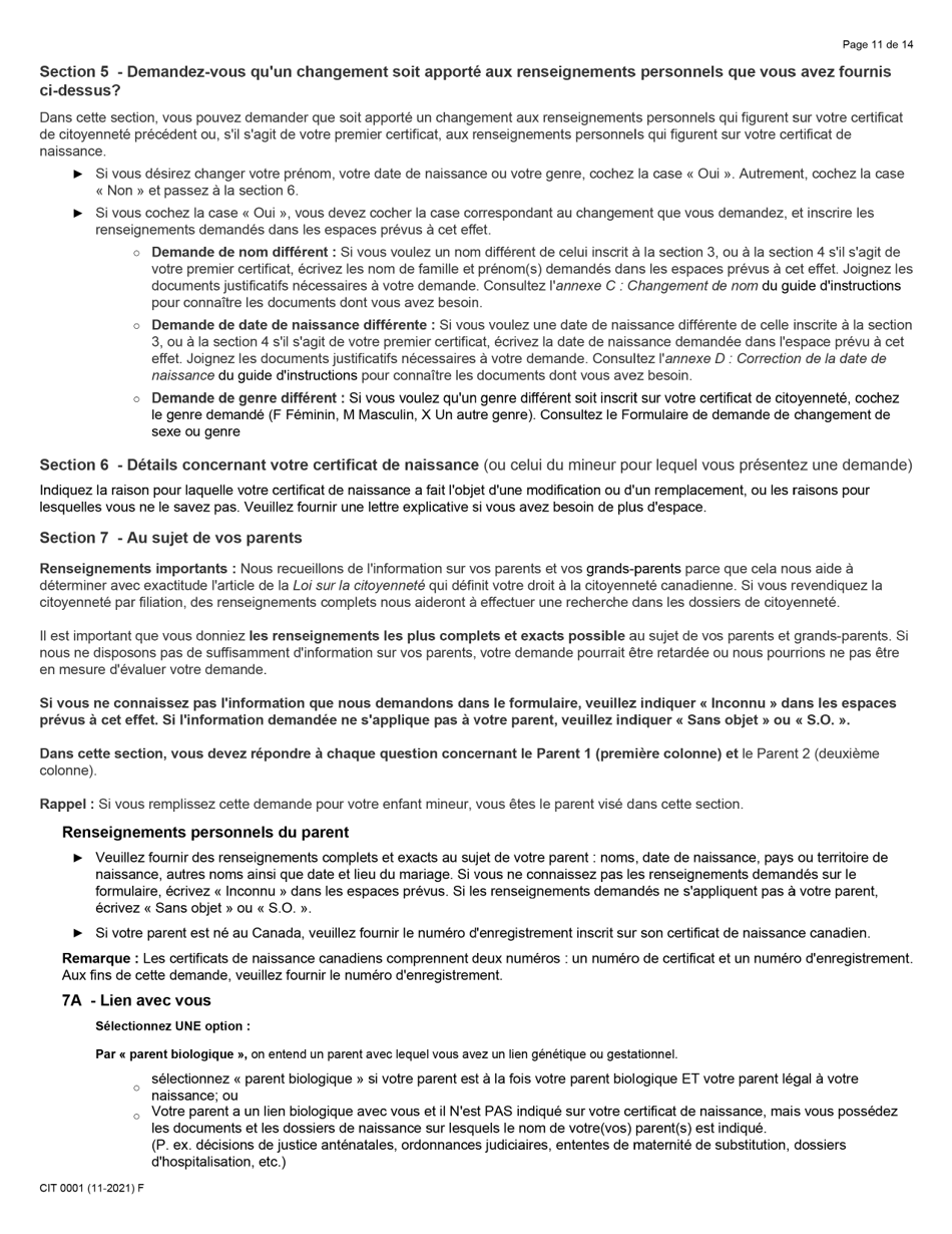Forme CIT0001 Demande De Certificat De Citoyennete Pour Adultes Et Mineurs (Preuve De Citoyennete) En Vertu De Larticle 3 De La Loi Sur La Citoyennete - Canada (French), Page 11