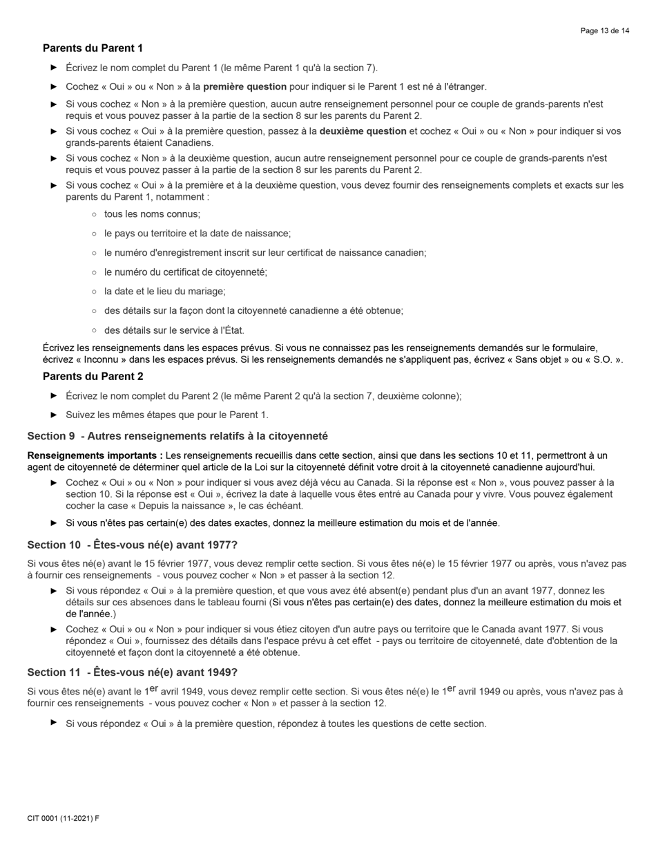 Forme CIT0001 Demande De Certificat De Citoyennete Pour Adultes Et Mineurs (Preuve De Citoyennete) En Vertu De Larticle 3 De La Loi Sur La Citoyennete - Canada (French), Page 13