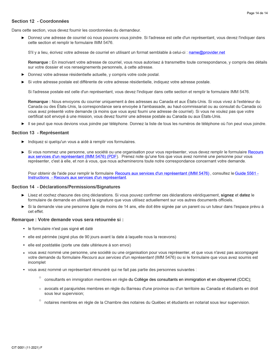 Forme CIT0001 Demande De Certificat De Citoyennete Pour Adultes Et Mineurs (Preuve De Citoyennete) En Vertu De Larticle 3 De La Loi Sur La Citoyennete - Canada (French), Page 14