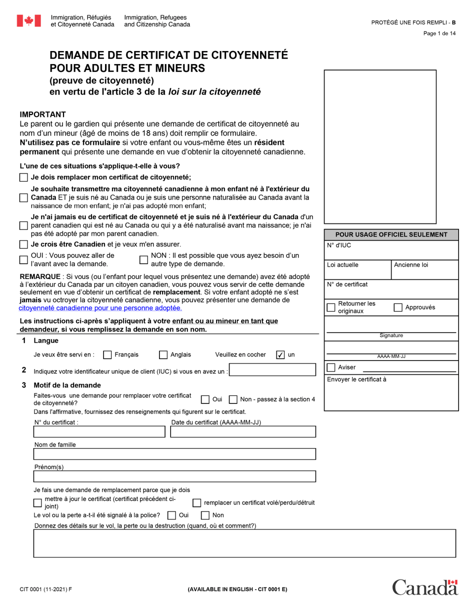Forme CIT0001 Demande De Certificat De Citoyennete Pour Adultes Et Mineurs (Preuve De Citoyennete) En Vertu De Larticle 3 De La Loi Sur La Citoyennete - Canada (French), Page 1