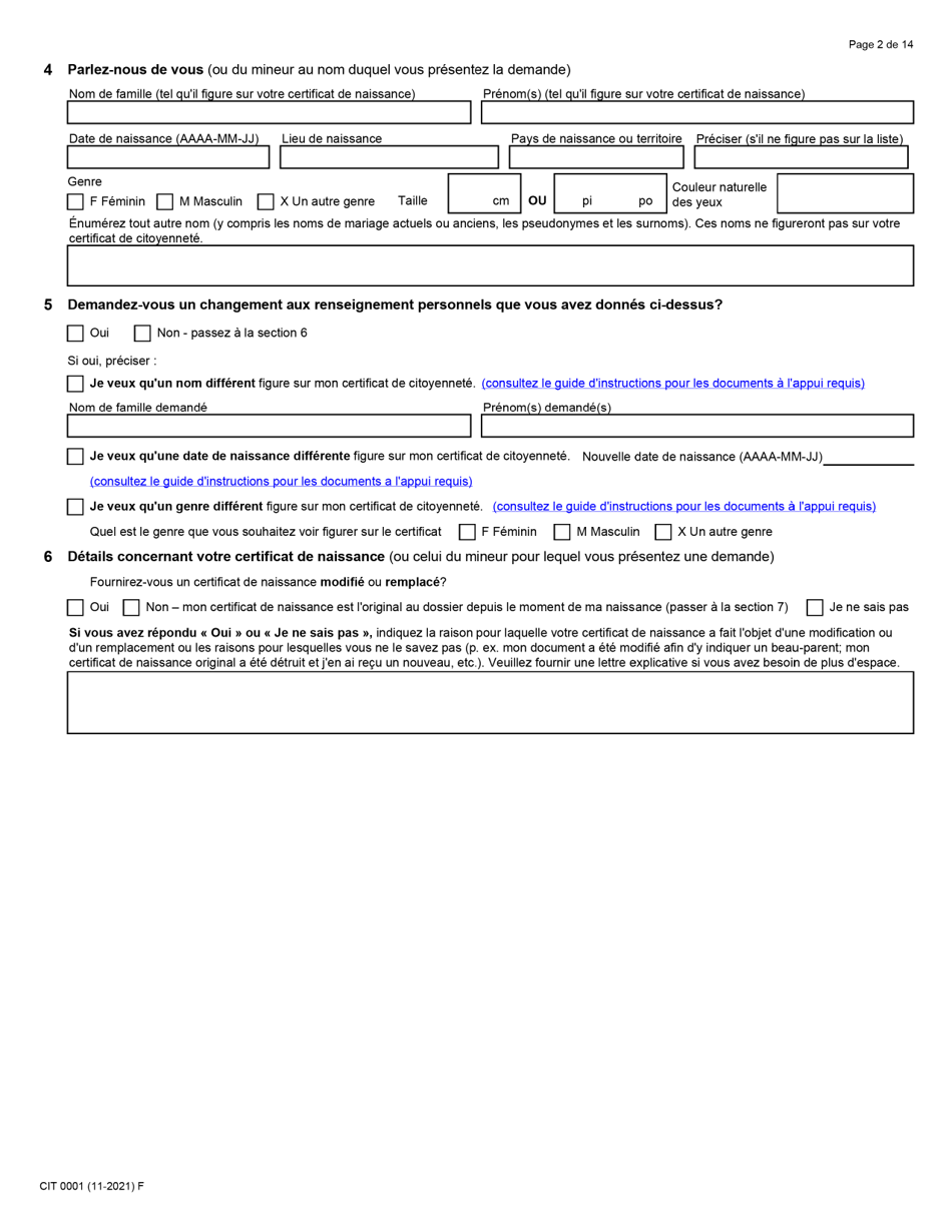 Forme CIT0001 Demande De Certificat De Citoyennete Pour Adultes Et Mineurs (Preuve De Citoyennete) En Vertu De Larticle 3 De La Loi Sur La Citoyennete - Canada (French), Page 2