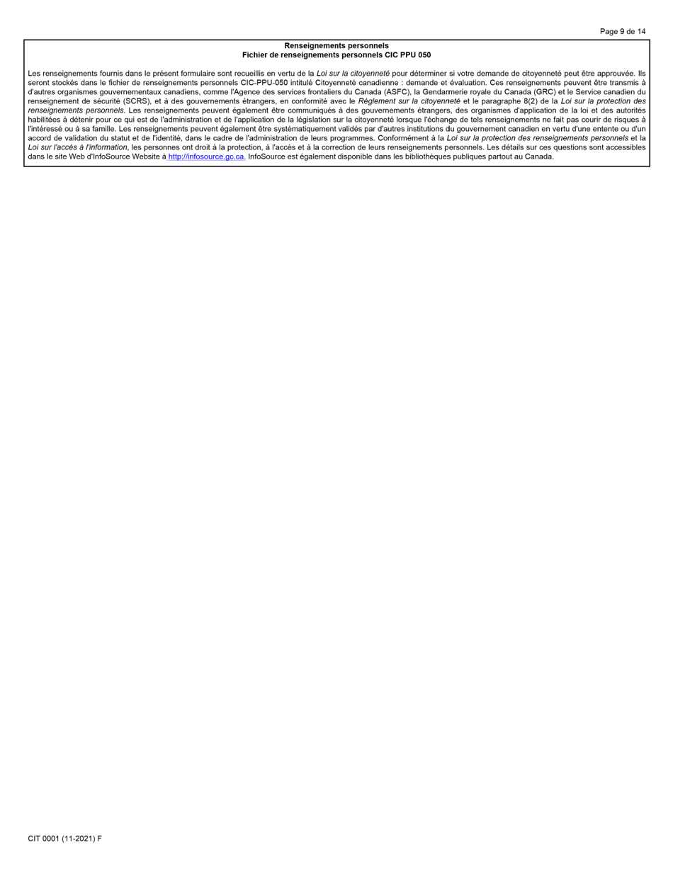 Forme CIT0001 Demande De Certificat De Citoyennete Pour Adultes Et Mineurs (Preuve De Citoyennete) En Vertu De Larticle 3 De La Loi Sur La Citoyennete - Canada (French), Page 9
