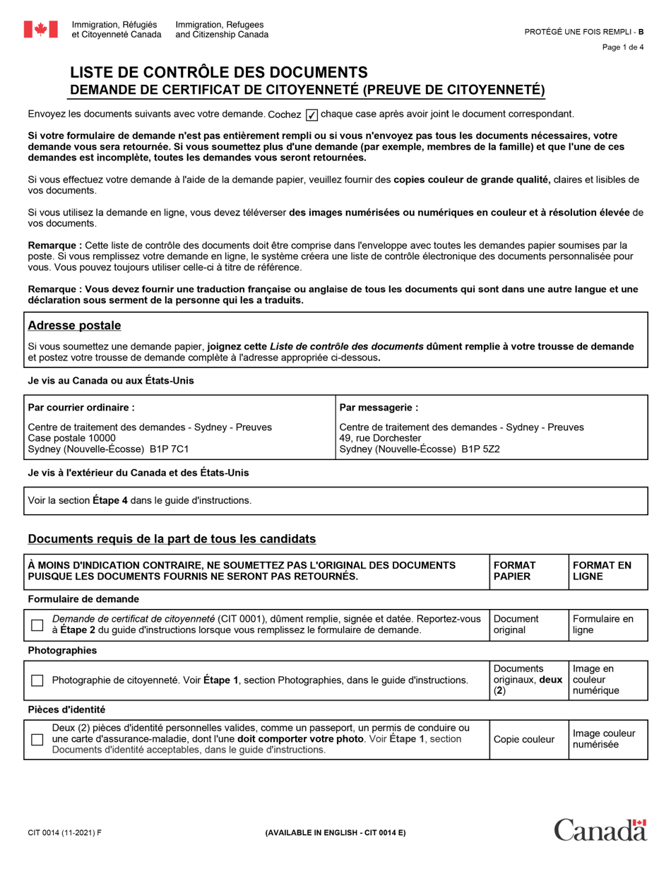 Forme CIT0014 Liste De Controle DES Documents - Demande De Certificat De Citoyennete (Preuve De Citoyennete) - Canada (French), Page 1