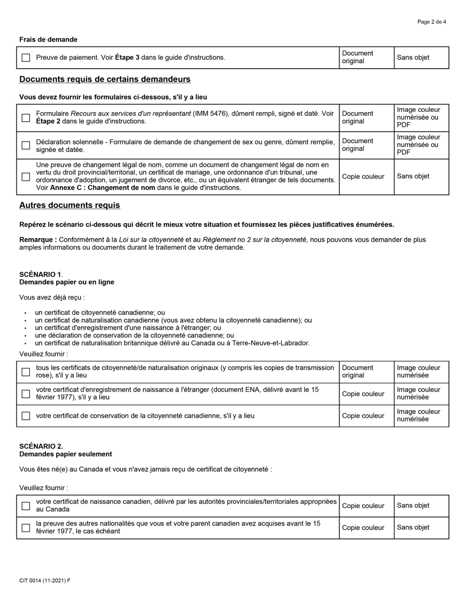 Forme CIT0014 Liste De Controle DES Documents - Demande De Certificat De Citoyennete (Preuve De Citoyennete) - Canada (French), Page 2