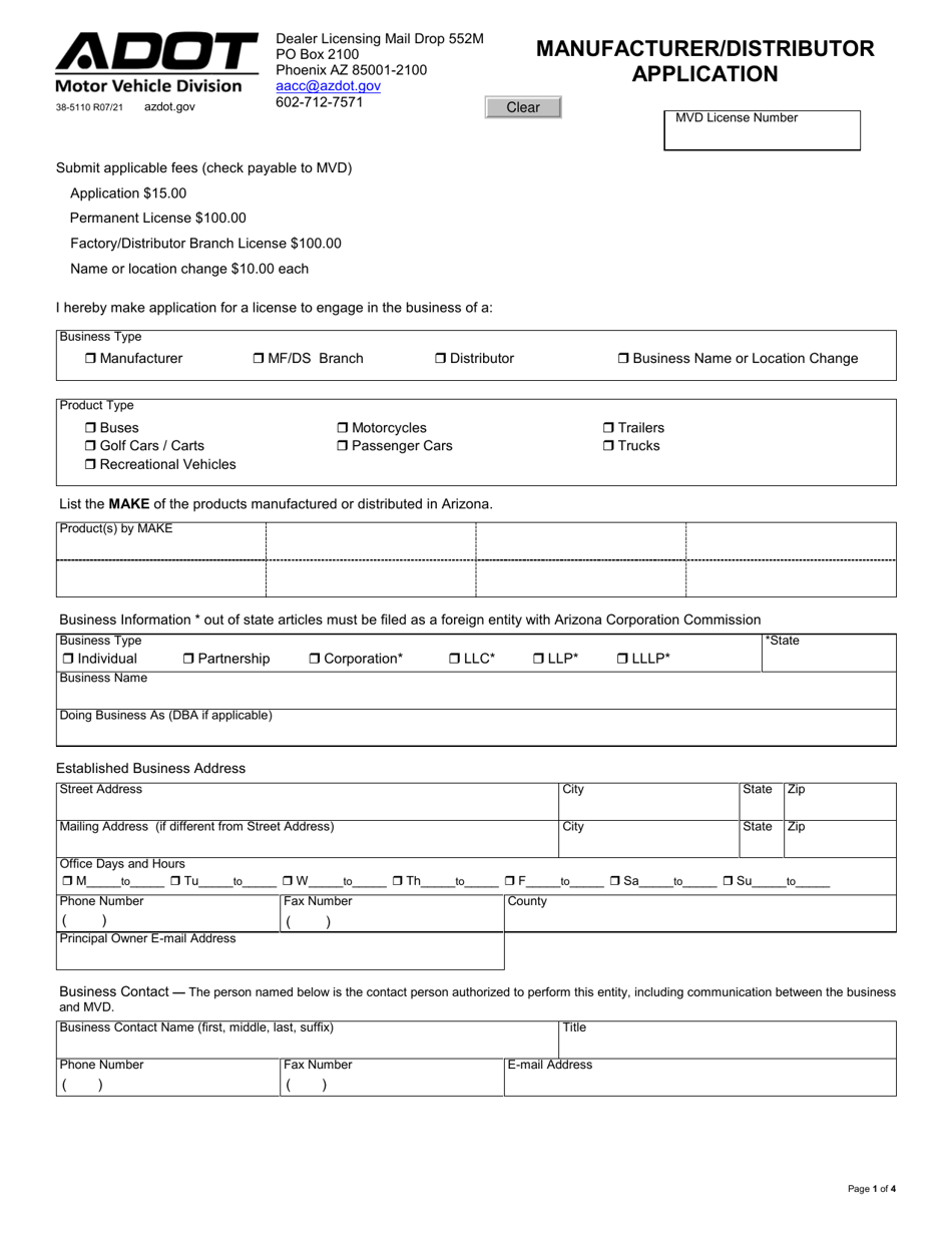 Form 38-5110 Manufacturer / Distributor Application - Arizona, Page 1
