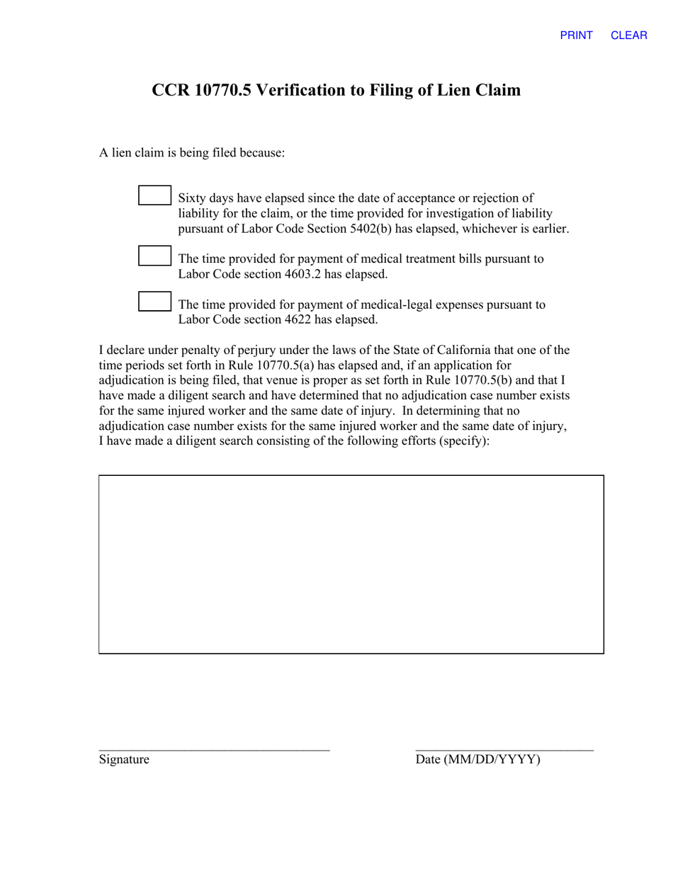 Ccr 10770.5 Verification to Filing of Lien Claim - California, Page 1