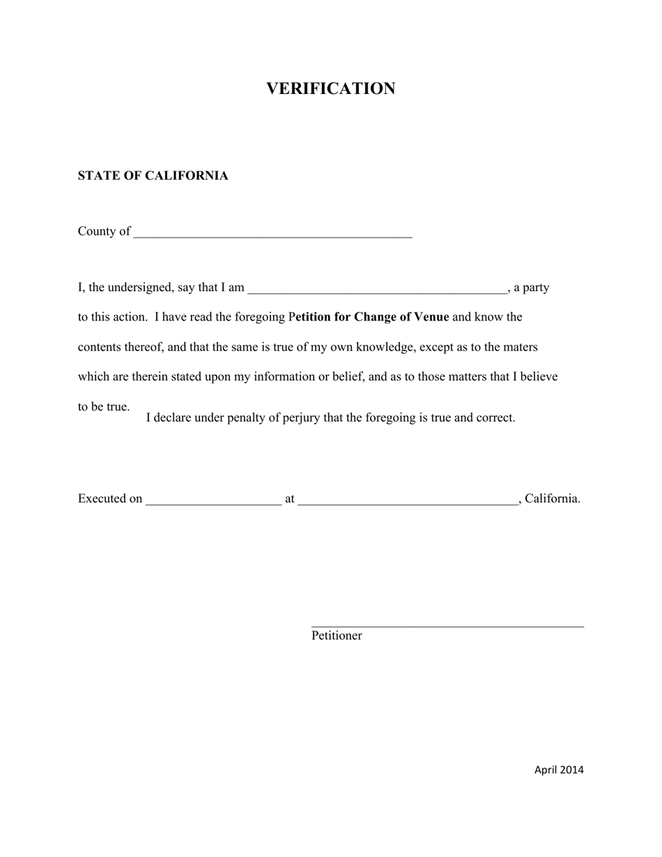 Petition for Change of Venue - Verification - California, Page 1