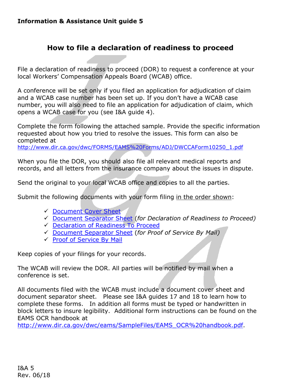 Form IA5 Information  Assistance Unit Guide - How to File a Declaration of Readiness to Proceed - California, Page 1