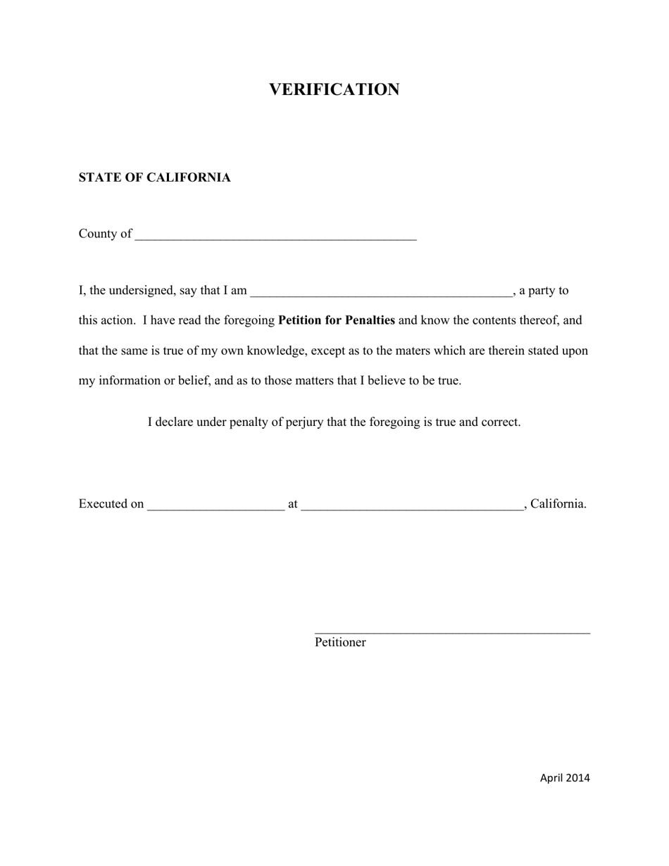 Petition for Penalties - Verification - California, Page 1