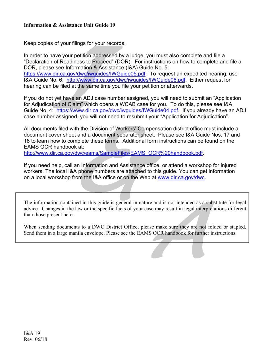 Form IA19 Information  Assistance Unit Guide - How to File a Petition Appealing Administrative Directors Independent Medical Review Determination - California, Page 2