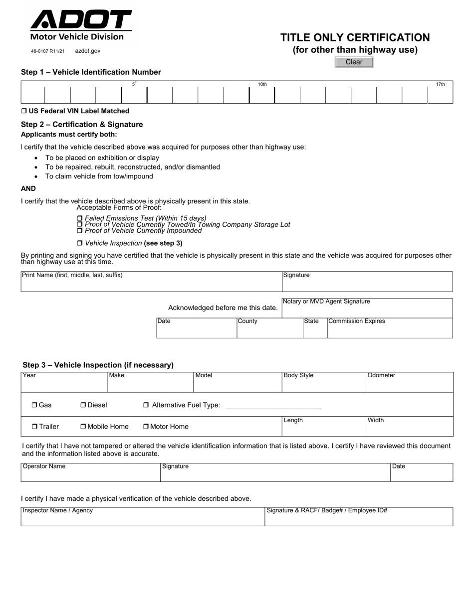 Form 48-0107 Title Only Certification (For Other Than Highway Use) - Arizona, Page 1