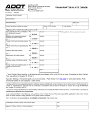 Form 96-0166 &quot;Transporter Plate Order&quot; - Arizona