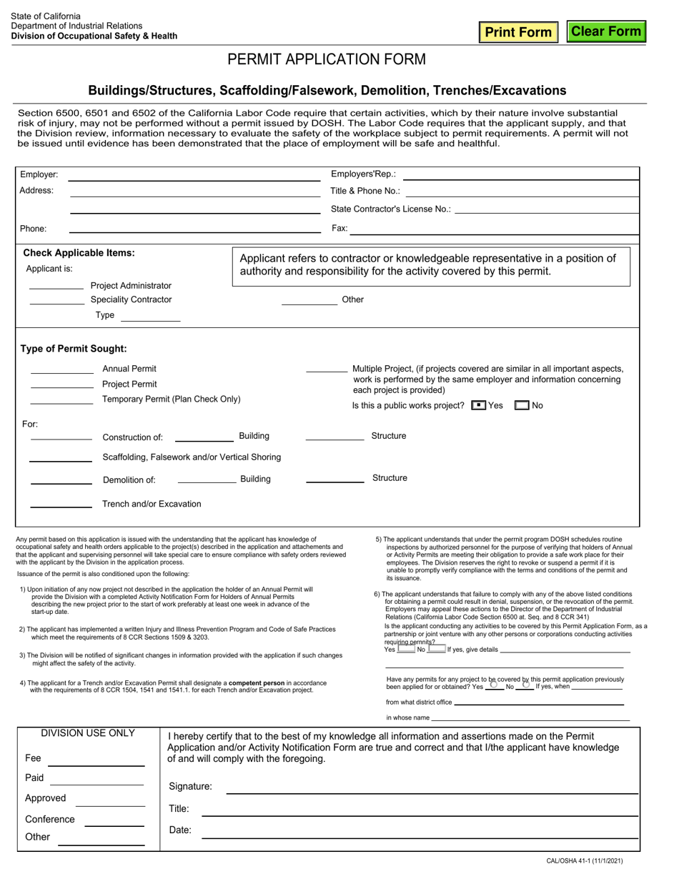 Cal / OSHA Form 41-1 Permit Application Form - California, Page 1