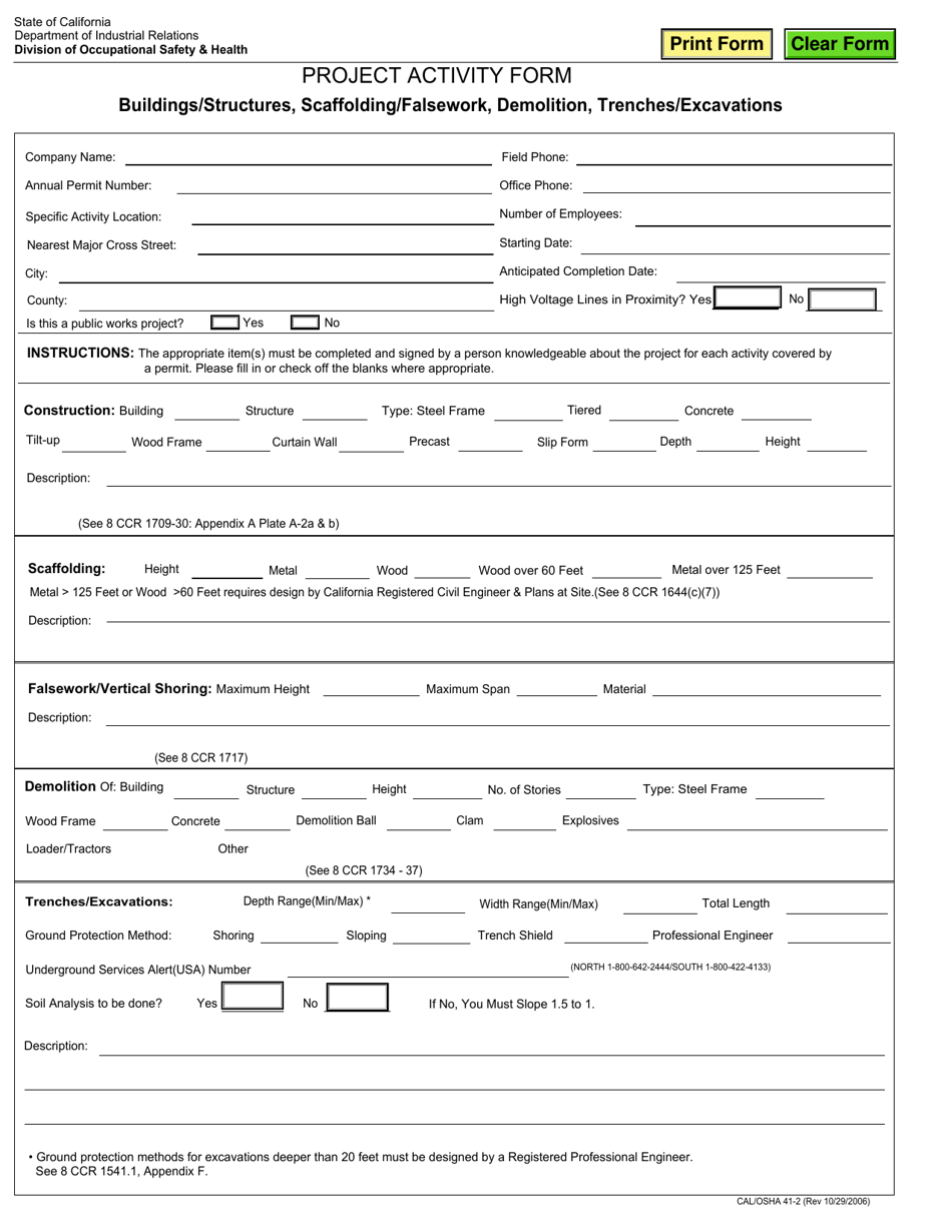 Cal / OSHA Form 41-2 Project Activity Form - California, Page 1