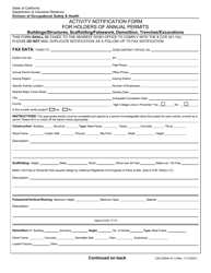Document preview: Cal/OSHA Form 41-3 Activity Notification Form for Holders of Annual Permits - Buildings/Structures, Scaffolding/Falsework, Demolition, Trenches/Excavations - California