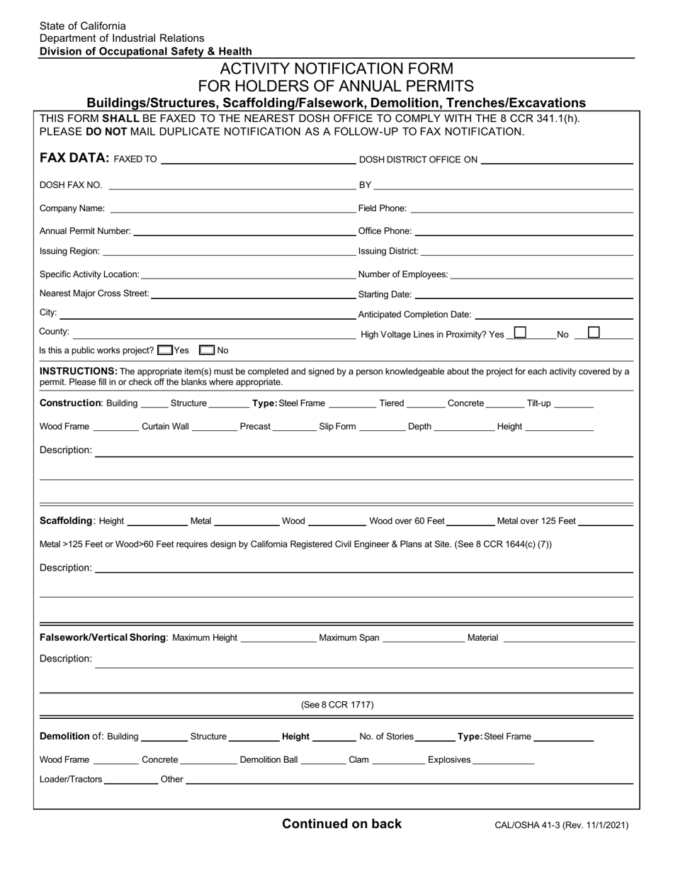 Cal / OSHA Form 41-3 Activity Notification Form for Holders of Annual Permits - Buildings / Structures, Scaffolding / Falsework, Demolition, Trenches / Excavations - California, Page 1