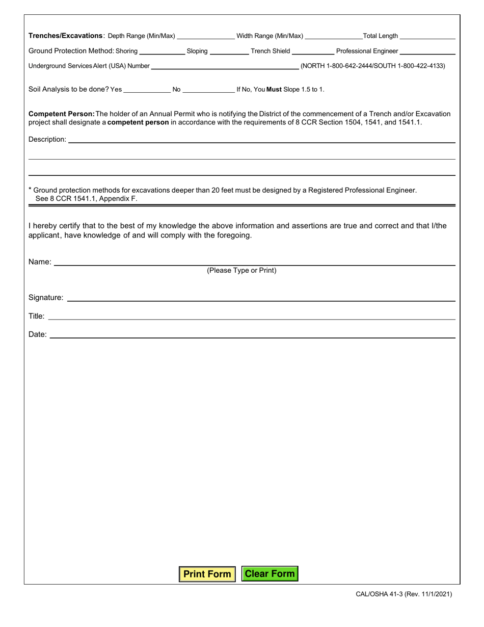 Cal / OSHA Form 41-3 Activity Notification Form for Holders of Annual Permits - Buildings / Structures, Scaffolding / Falsework, Demolition, Trenches / Excavations - California, Page 2