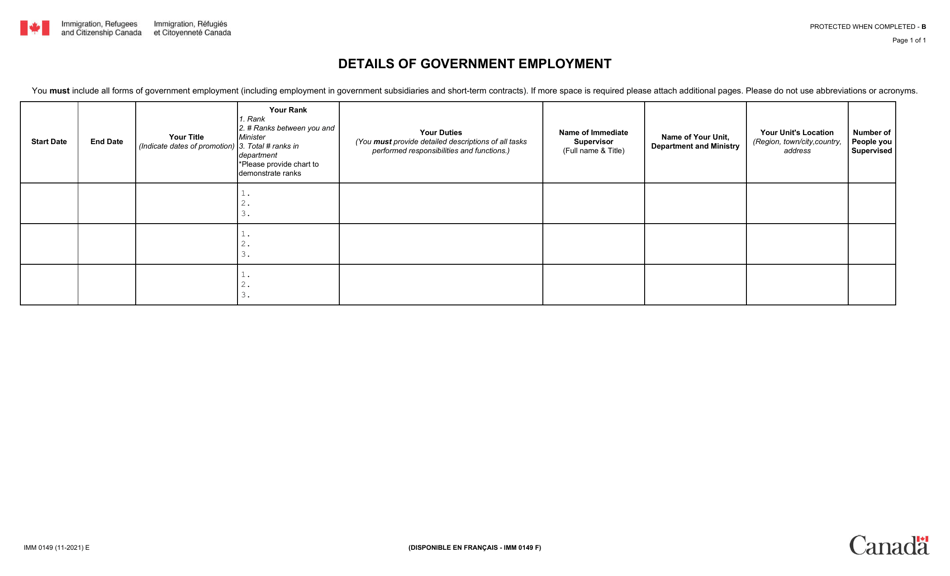 Form IMM0149 Details of Government Employment - Canada, Page 1